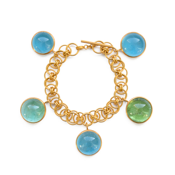 Aquamarine & Tourmaline Cabochon Charm Bracelet