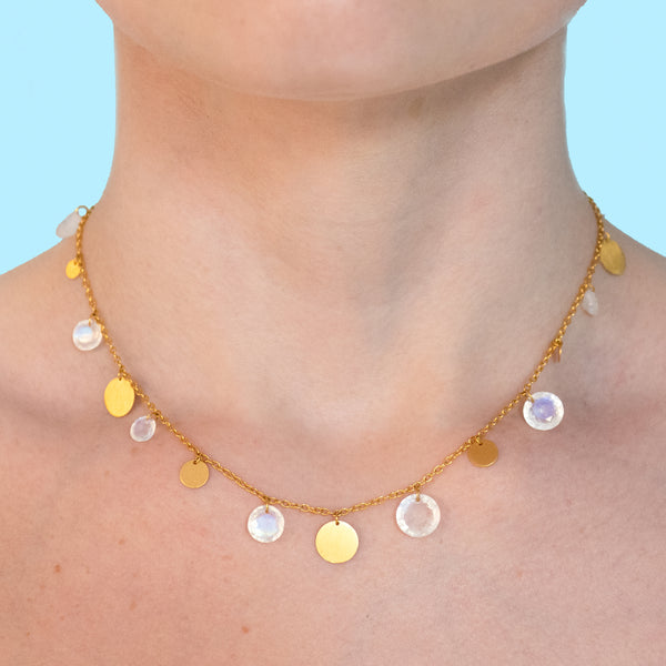 Rainbow Moonstone & Sequin Dangling Necklace