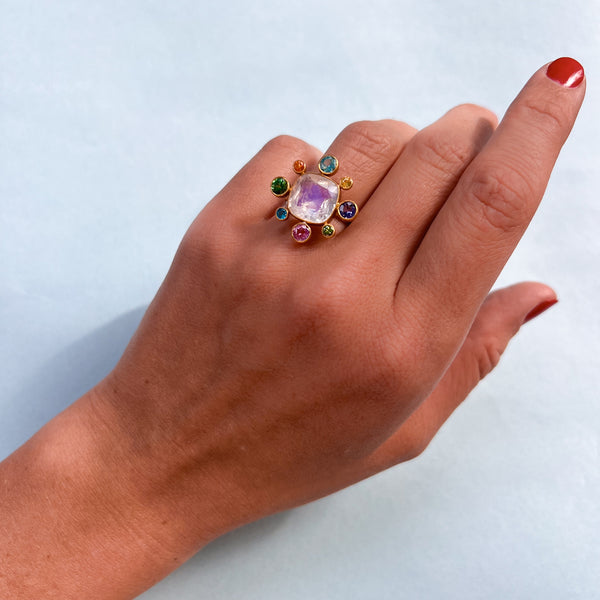 Rainbow Moonstone and Multi-Colored Byzantine Ring