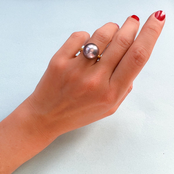 Grey Pearl Cabochon Ring