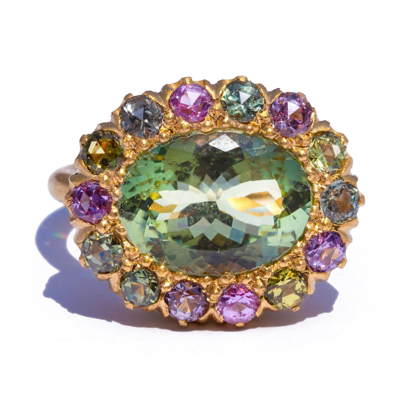 Green Tourmaline and Purple and Green Sapphire Princess D. Ring