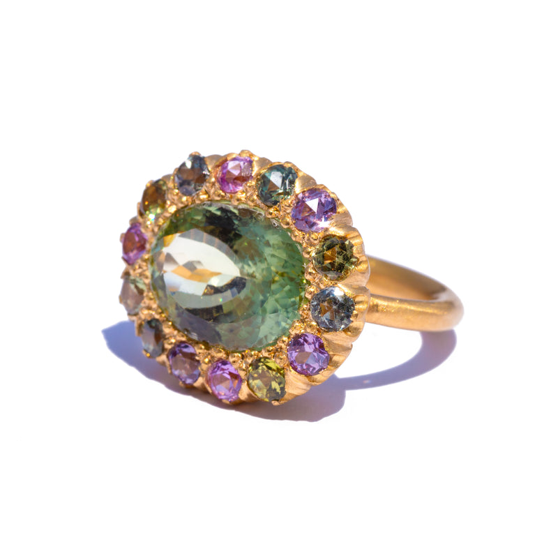 Green Tourmaline and Purple and Green Sapphire Princess D. Ring