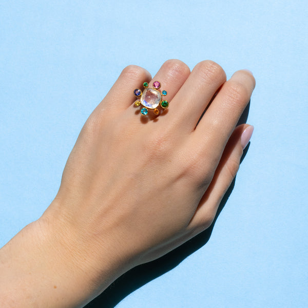 Rainbow Moonstone and Multi-Colored Byzantine Ring