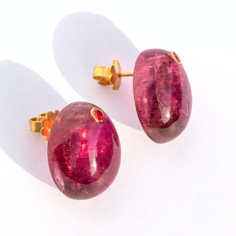 Large Rubellite and Spinel Jelly Bean Stud Earrings
